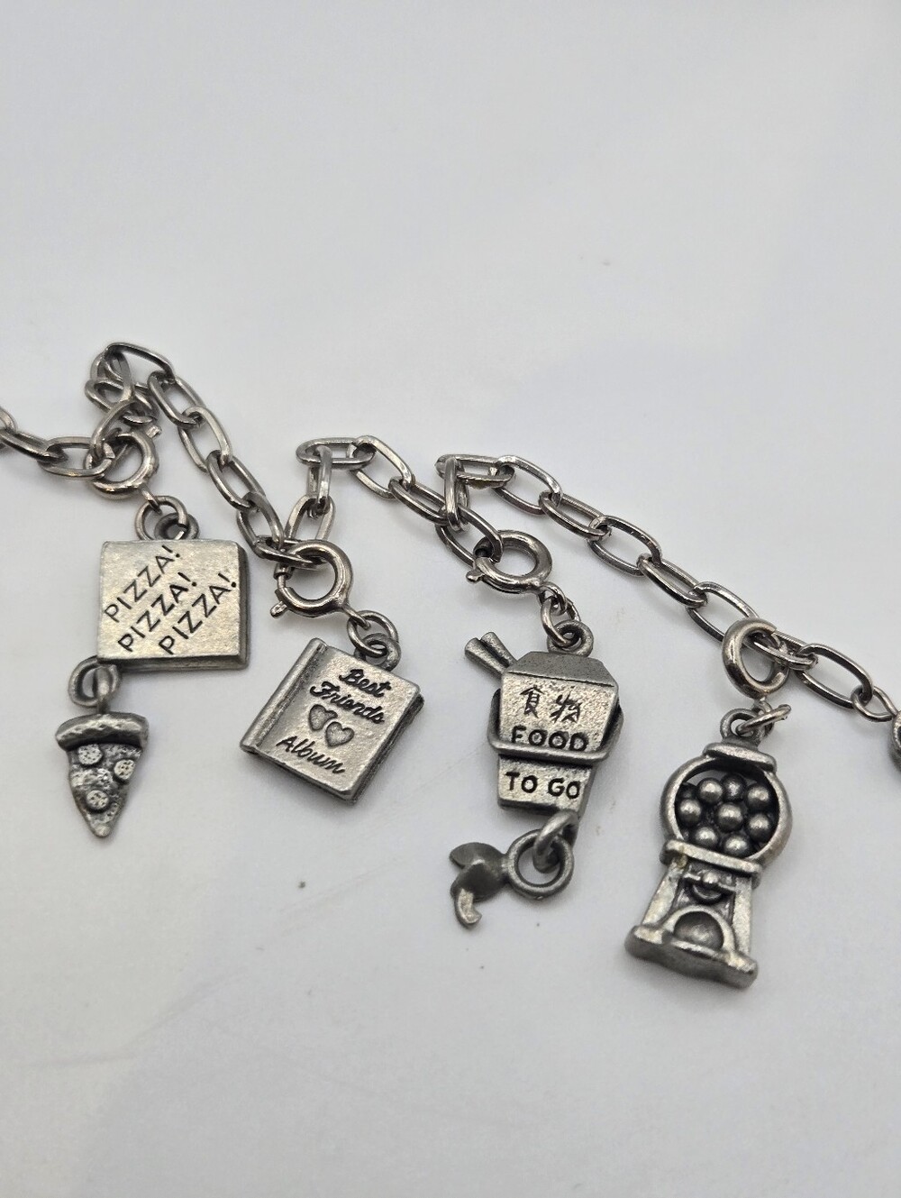 Vintage silver Tone Charm Bracelet Pizza Takeout Box Best Friends Gumballs 8"